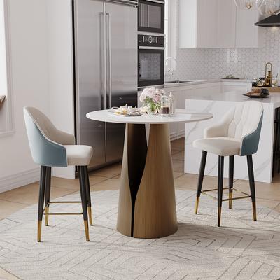 PU Leather Counter Height Bar Stools Set of 6, 24" Seat Height Upholstered Modern Bar Stool with Back and Metal Legs for Kitchen, Blue