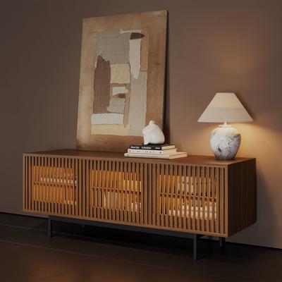 59.06"Mid-Century Modern Slatted TV Stand with LED Lights,Walnut Color TV Console with Storage, Media Console with Metal Legs,LED TV Stand
