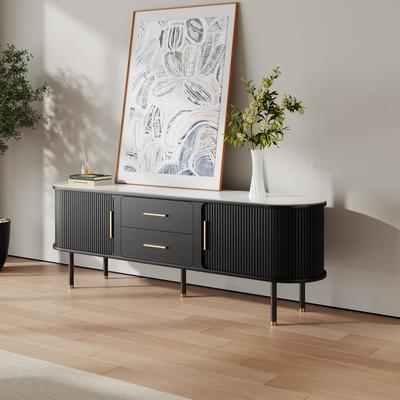 70.87"Mid-Century Modern TV Stand with Glossy Sintered Stone Tabletop,Minimalist Ash Wood Media Console,Black Tambour Door TV Console