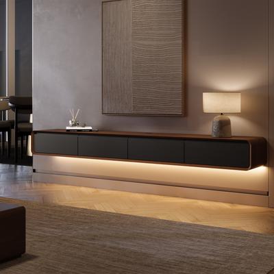 95" Modern Floating TV Console with LED Lights, Dark Wood & Black Wall-Mounted Media Console with Storage, LED TV Stand, Perfect for 85-inch TVs