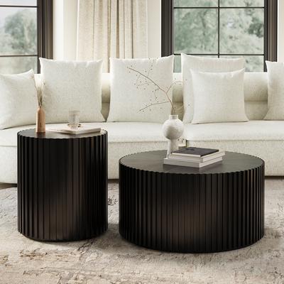 Fluted Round Coffee Table and End Table Set, 2-Piece Modern Wood Drum Coffee Table Sets, for Living Room, Black, Fully Assembly