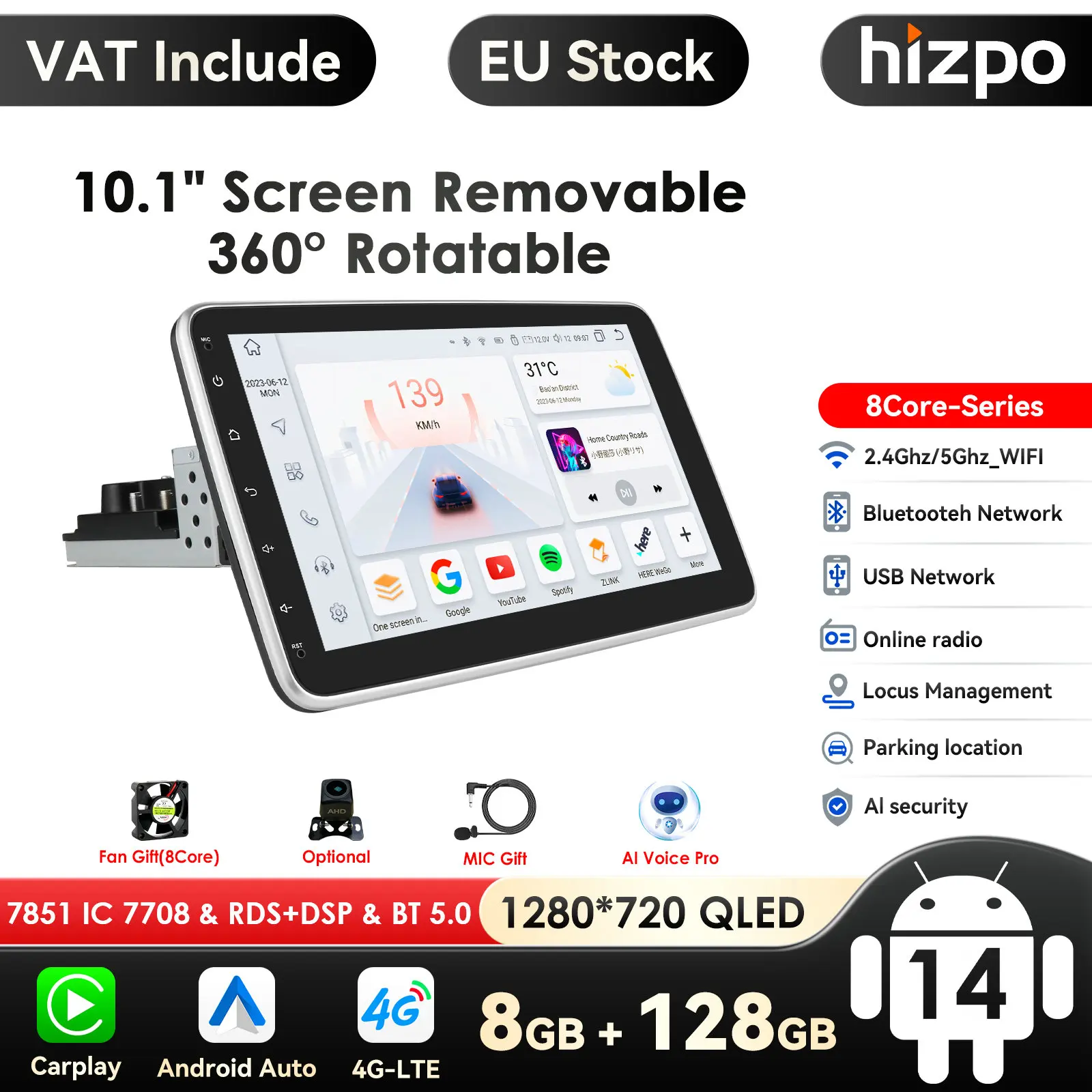 4g 1din Android Autoradio Multimedia GPS 10,1 Zoll abnehmbar einstellbarer Winkel Touchscreen Android Wifi Audio Video Player Image