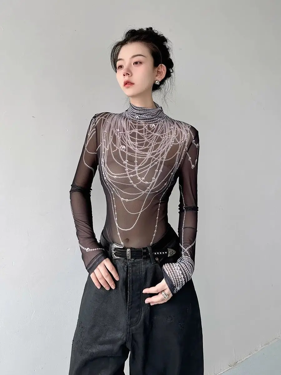 Gothic Grunge Ästhetik Langarm T-shirt Gothic Y2k Tops Elastische Mesh Dünne Tops Gedruckt Frühling Sommer Herbst Shirt Sexy