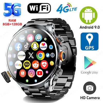 8GB+128GB RAM 5G/4G Smart Watch 1.95 inch AMOLED 1880mah Battery 500W Camera GPS WIFI Google APP Download Smartwatch Android 9.0