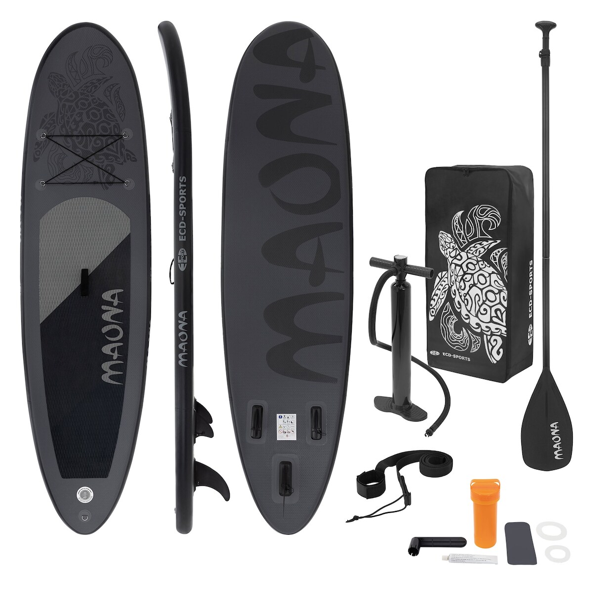 ECD Germany Aufblasbares SUP Board Maona 308 × 78 × 10 cm Schwarz – Komplettset mit Pumpe, Tragetasche & Zubehör, PVC Board bis 120 kg, Surfboard für Image
