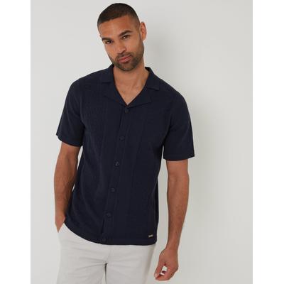 Threadbare Men's Navy Textured Panel Revere Collar Knitted Shirt