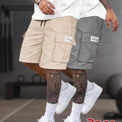 TEMU Two-piece Workwear Shorts With Large Pockets On , Drawstring Waistband, Simple And Versatile For Everyday Casual Wear Image