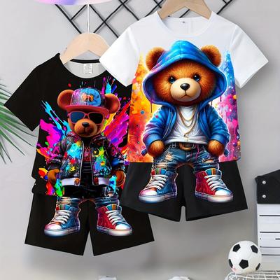 TEMU Random 1 Set, A Total Of 2pcs. Boys' Casual Clothing, 3d Bear Print Pattern, Outdoor Casual Set, Hand-cutting, Suitable For As A Gift, For Outdoor Image