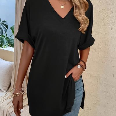 TEMU Women's Summer Casual V-neck Short Sleeve T-shirt With Side Slit - Solid Color, Relaxed Fit, Casual Attire, Everyday Tshirt | Shirt | Stylish Layering Piece Image