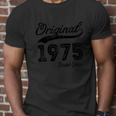 TEMU [ ] Vintage 1975 Men's T-shirt - Casual Summer Short Sleeve Crewneck, White With Black Distressed Print, Polyester , Round Neck, Machine Washable, Casual Summer Wear | Tee | Fabric Image