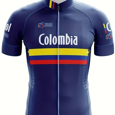 TEMU Colombia Men's Cycling Jersey, Polyester & Spandex , Crew Neck, Short Sleeve, Stretch, Printed Sports Shirt With Zip Pocket, For Road & Mtb, Teens & Adults, Spring/summer/fall Image