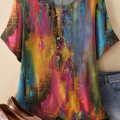 TEMU Women's Plus Size Retro Tie-dye Abstract Print T-shirt - Casual Short Sleeve Round Neck Top With Medium Stretch, Machine Washable Fit, Vintage T Shirts, , Nontransparent Material Image