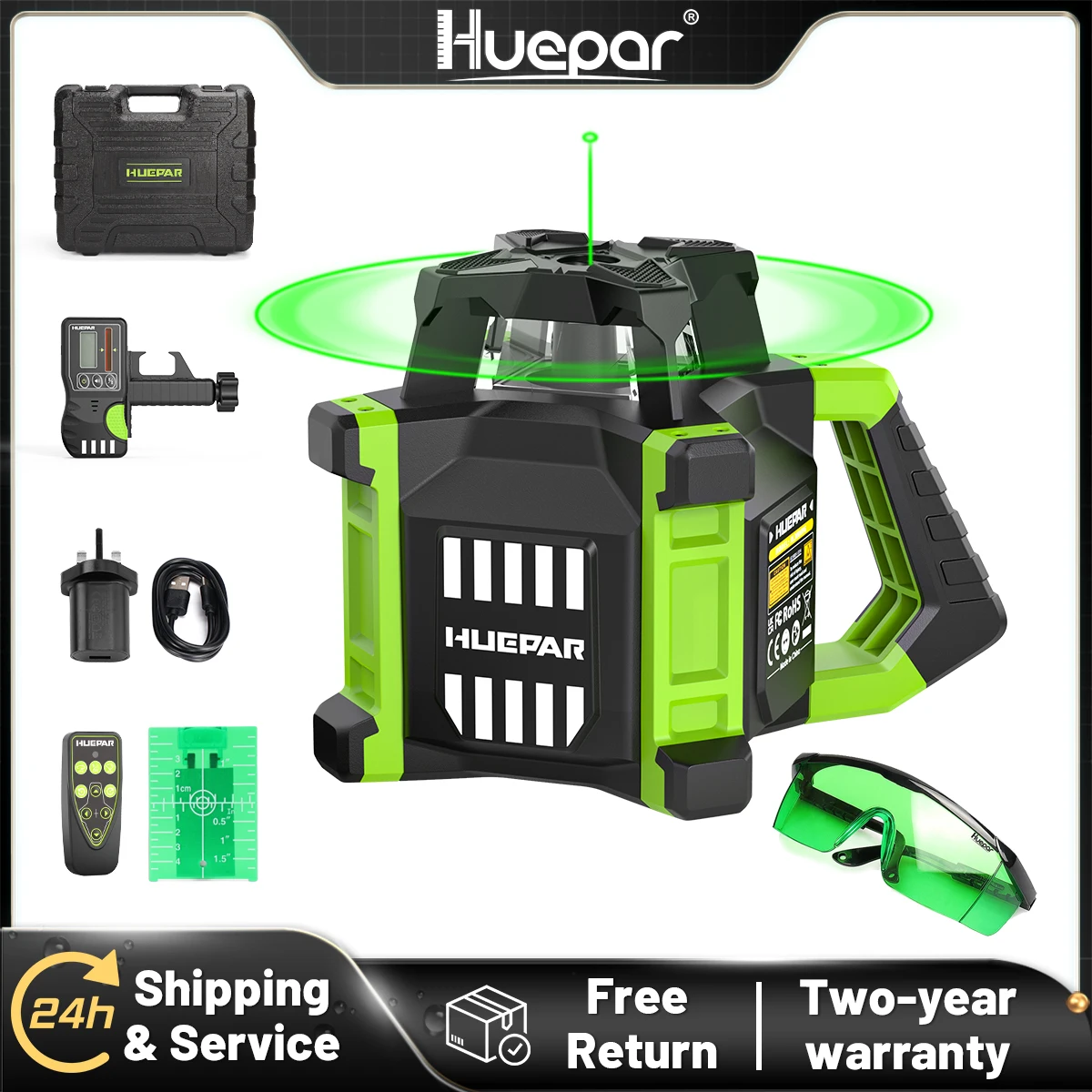 Huepar RL300HVG Elektronisches grünes Rotationslaser-Wasserwaage + Lotpunkte Selbstnivellierendes Rotationslaser-Set mit Empfänger und Fernbedienung Image