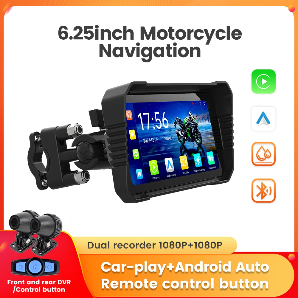 1920*1080 Tragbare 6,25 zoll IP67 Wasserdichte Motorrad GPS Navigation Moto Carplay Android Auto DVR Stick Recorder Plug und spielen Image