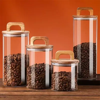 Clear Glass Jar with Bamboo Lid Sealed Canister Food Storage Container for Loose Tea Coffee Bean
