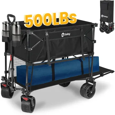 400L Large Capacity Folding Double Decker Wagon with Brakes 50" Extra Long Extender Wagon Cart