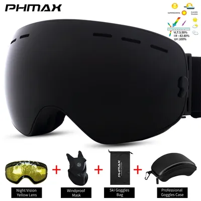 PHMAX Black Ski Goggles OTG Anti fog Snow Goggles TPU Frame UV Protection Snowboard Goggles for Men
