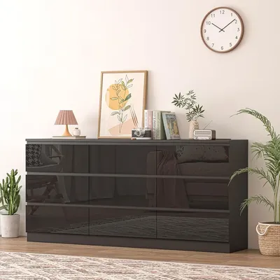 70 INCH 9 Drawers Dresser with Power Outlet, Wide High Gloss Chest of Drawers Large, Modern Storage