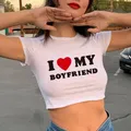 Camicia corta anni 2000 y2k T-shirt con stampa I Love My Boyfriend Girocollo casual Manica corta Crop Top per abbigliamento estivo da donna