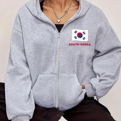 TEMU 1pc South Korea Flag Print Women's Casual Hoodie With Kangaroo Pocket, Fashion Polyester Zip-up Sweatshirt For All Image