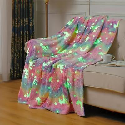 TEMU Glow In The Dark Unicorn Throw Blanket, Soft Flannel Fleece Rainbow , Unicorn Themed Room Decor, Contemporary Knitted Polyester Cozy Couch Cover With Unique Patterns And Special Embellishments Image