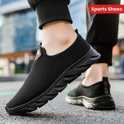 TEMU Men's Fashion Sneakers - Black Mesh Slip-on With Stylish Laces, Comfortable For Running & Casual Wear, Sneakers|stylish Laceup|eva Midsole Image