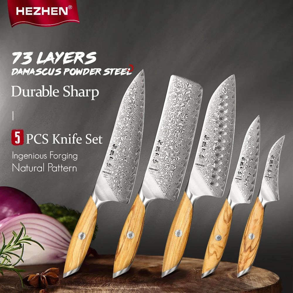 HEZHEN 5-teiliges Messer-Set, 73 Schichten, Damaststahl, Kochmesser, hochwertiger Olivholzgriff, scharfes Küchenmesser, Geschenkbox Image
