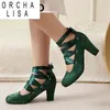 ORCHA LISA 2025 Mode Weibliche Pumpen Runde Kappe Block Heels 7,5 cm Spitze Up Plus Größe 45 46 47 Mary Janes frauen Dating Schuhe Frühling