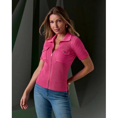 Boston Proper - Shocking Pink - Wide Rib Zip Up Sweater Top - 2XS