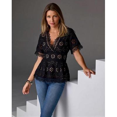 Boston Proper - Black - Exploded Eyelet Peplum Blouse - 4