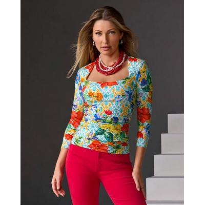 Boston Proper - Amalfi Tiles - So Sexy Ruched 3/4 Sleeve Print Top - 2XS