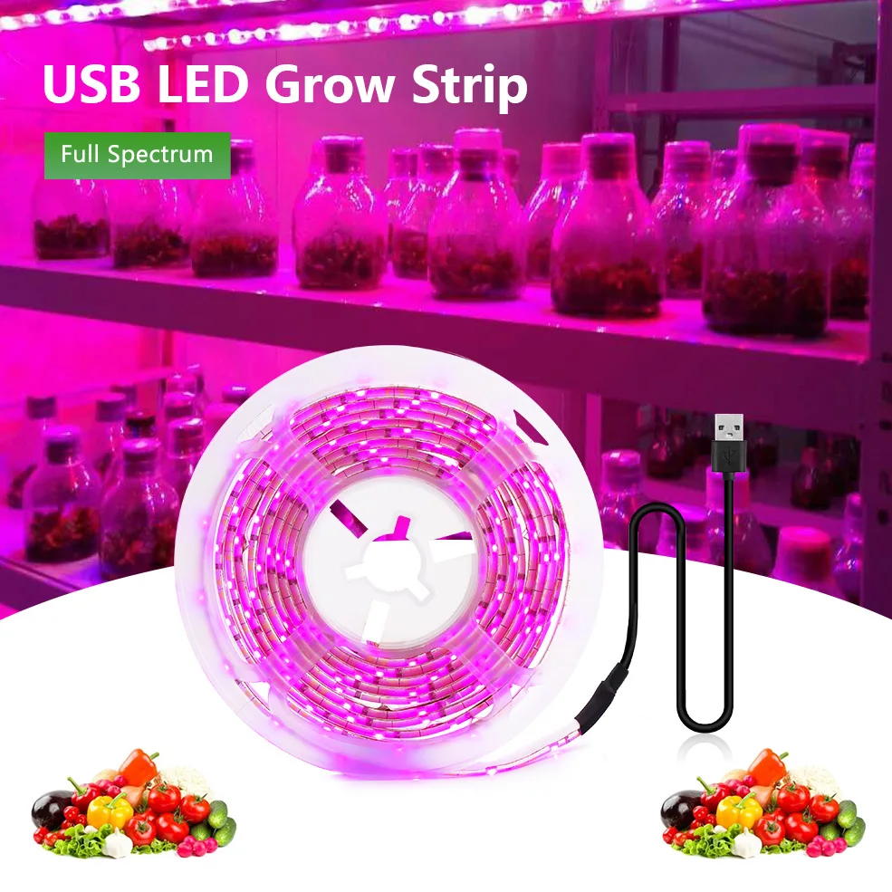 LED-Wachstumslicht, Vollspektrum, USB-Wachstumslichtstreifen, 0,5 m bis 5 m, 2835-Chip, LED-Phyto-Lampe für Pflanzen, Blumen, Gewächshaus, Hydrokultur Image