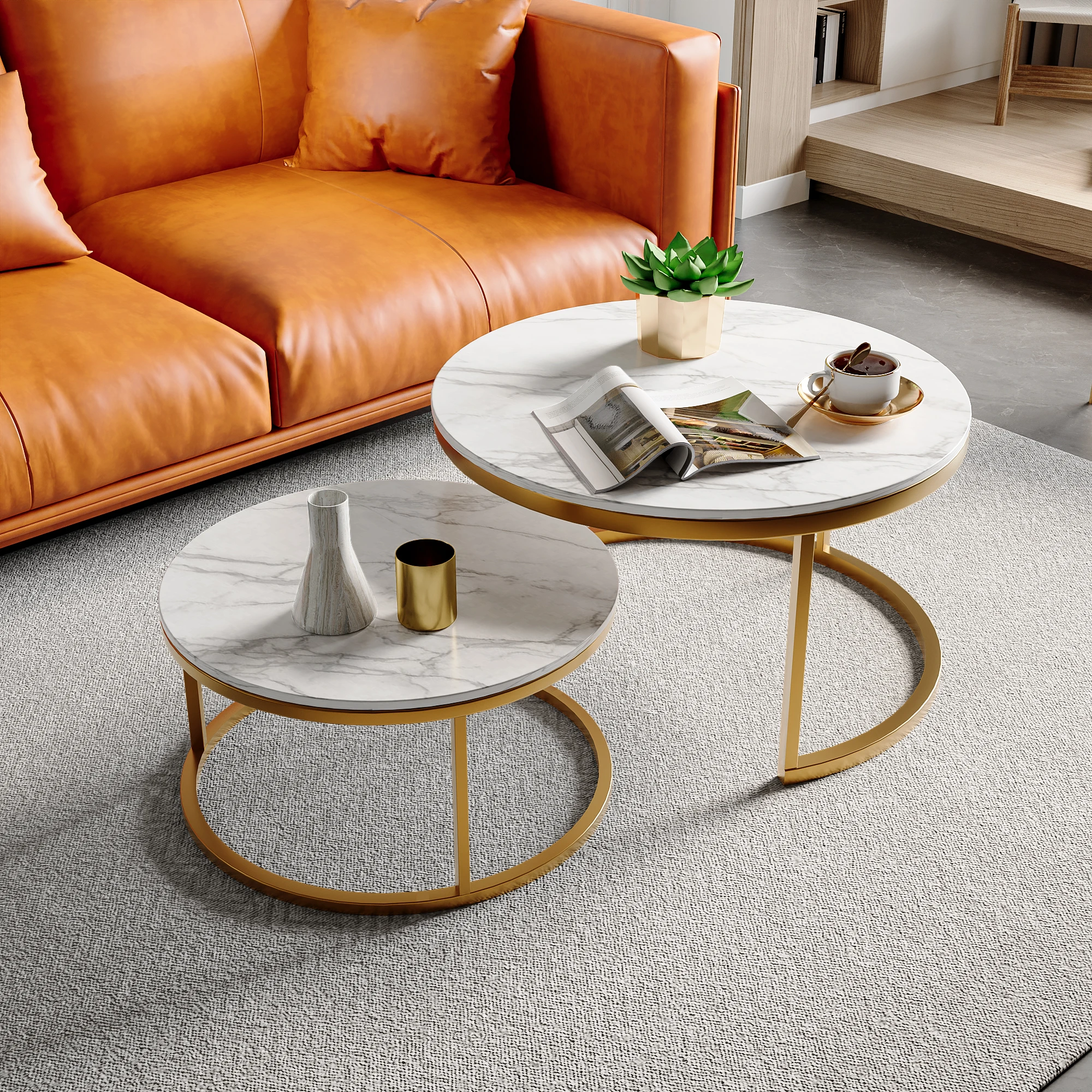 Runder Couch tisch 2er-Set, moderner Beistell tisch mit Metall kante und Holztisch platte, für Wohn-und Schlafzimmer, golden