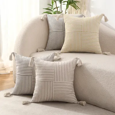 1PC Leinen Dekoration Dekokissenbezug Streifen Jacquard Quaste Home Sofa Dekoration Image