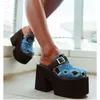 Frauen High Heel Schuhe Sexy Hausschuhe Dicken absätzen Denim Zerrissene Zehe Kopf Hausschuhe Höhe Zunehmende Schuhe Plus Größe 35-43