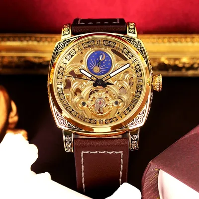 A Men's Brown Leather Strap Fashion Sports Style Roman Numeral Display Tourbillon Fully Automatic Mechanical Watch