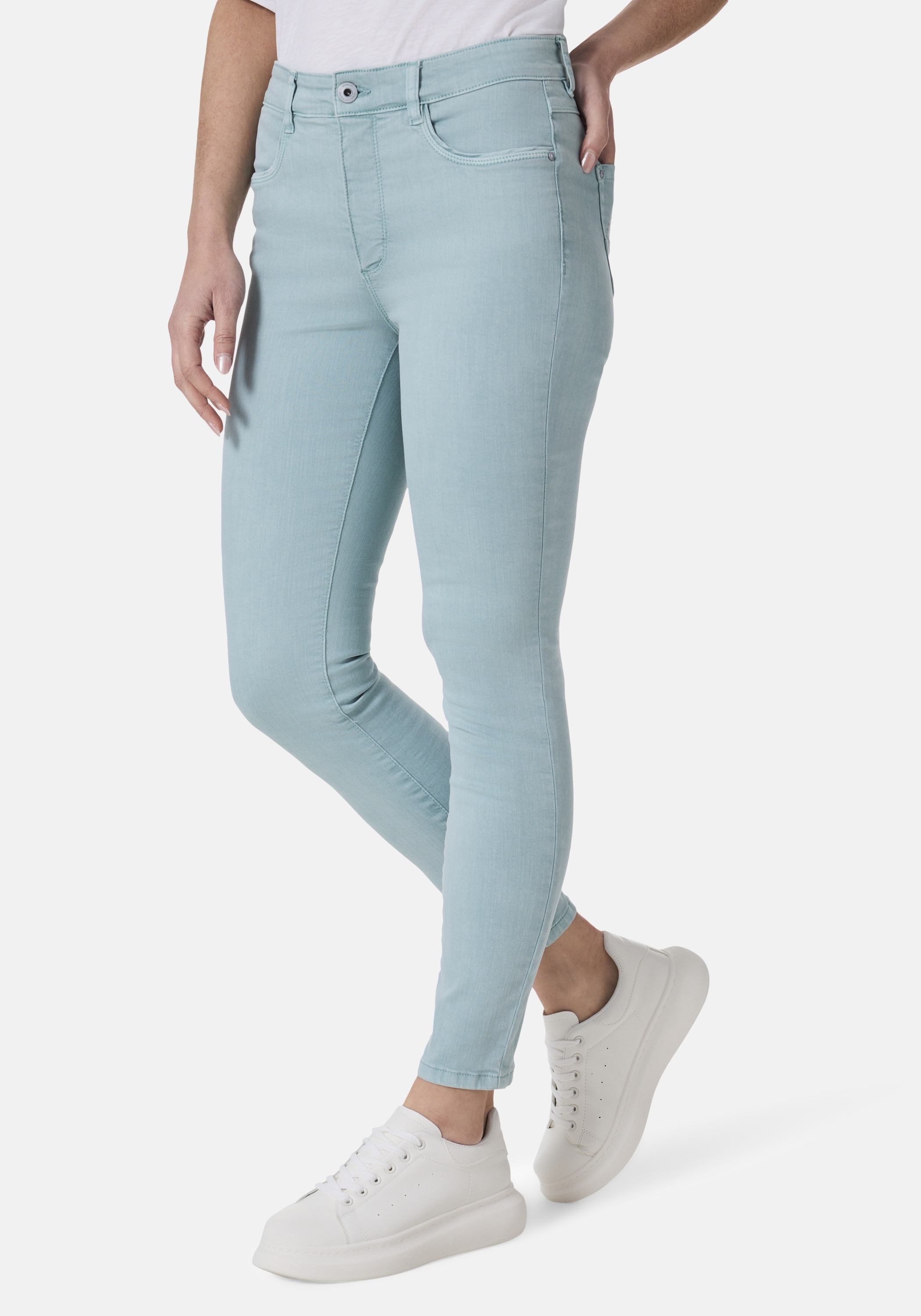 5-Pocket-Jeans STOOKER WOMEN "Rio Fexxi Move Strass Skinny Fit", Damen, Gr. 38, Länge 28, blau (blau aqua), Denim/Jeans, 83% Baumwolle, 16% recycled Polyester, 1% Elasthan, skinny fit lang, Jeans 5-Pocket-Jeans, Skinny Fit Casual Clean Wash Denim...
