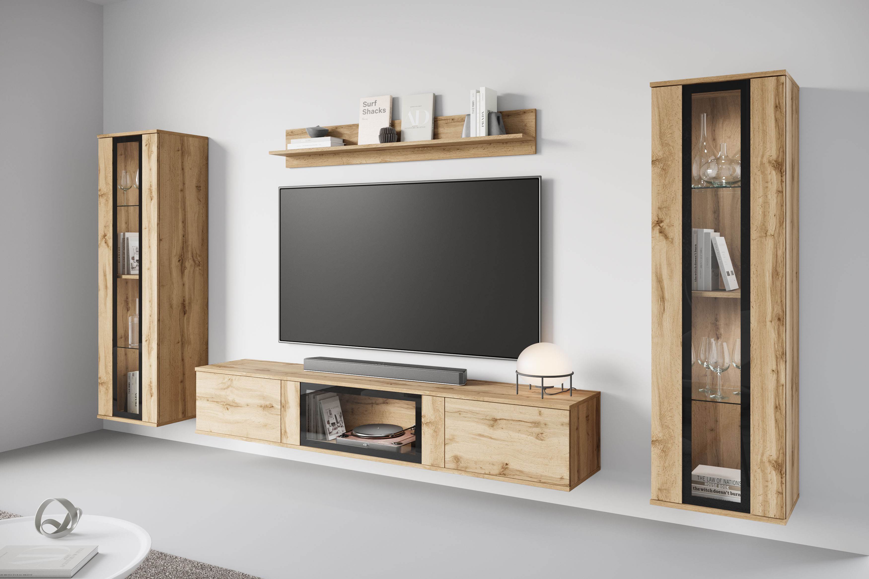 Wohnwand INOSIGN "Caro, stehend und hängend montierbar", braun (eichefarben votan), B:262cm H:142cm T:33cm, Holzwerkstoff, Kastenmöbel-Sets, grifflose Design, höhenverstellbare Einlegeböden