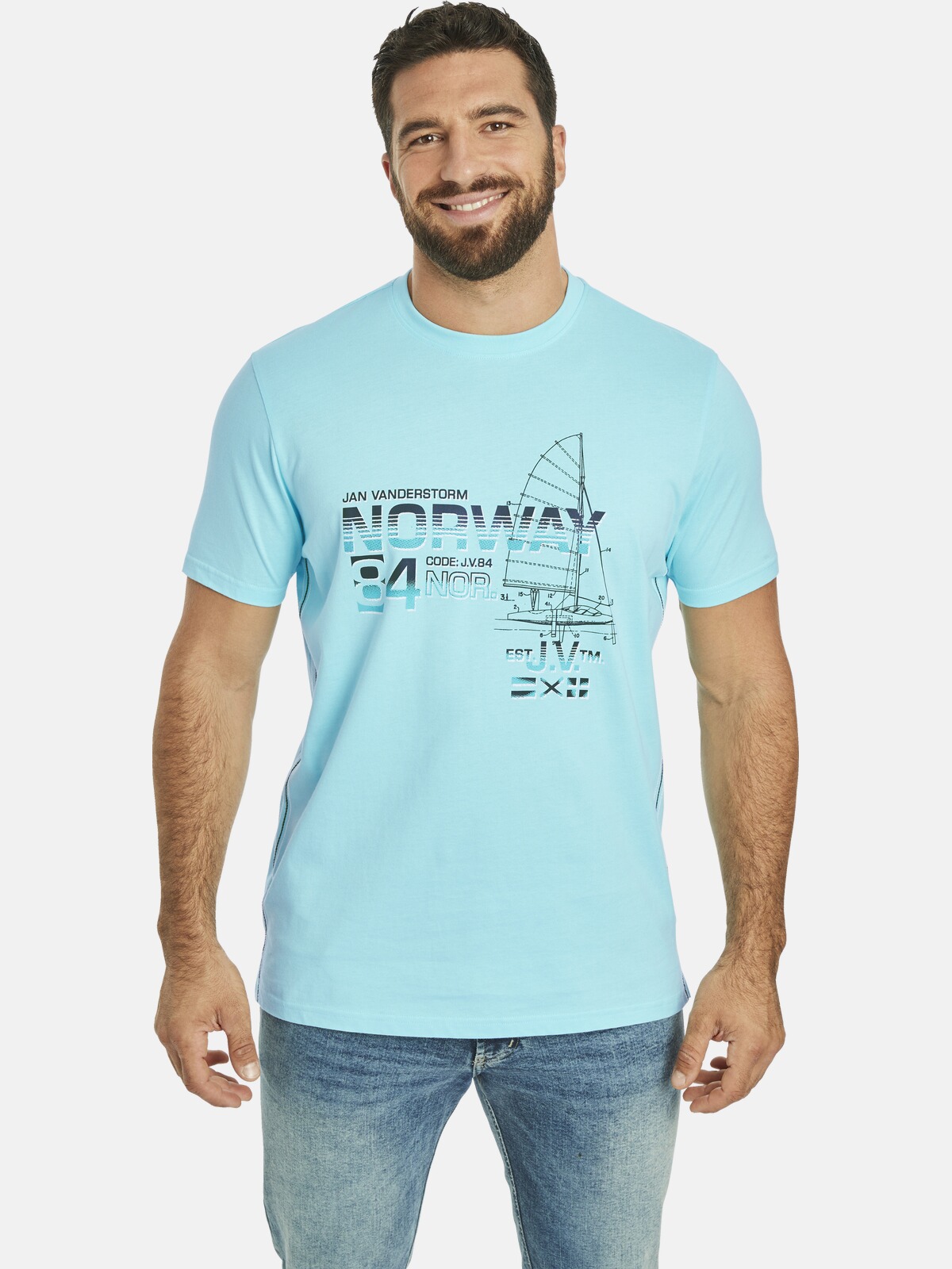 Rundhalsshirt JAN VANDERSTORM "T-Shirt EILI", Herren, Gr. 7XL, blau (türkis), Obermaterial: 100% Baumwolle CO., Casual, comfort fit normal, Rundhals, Shirts Rundhalsshirt