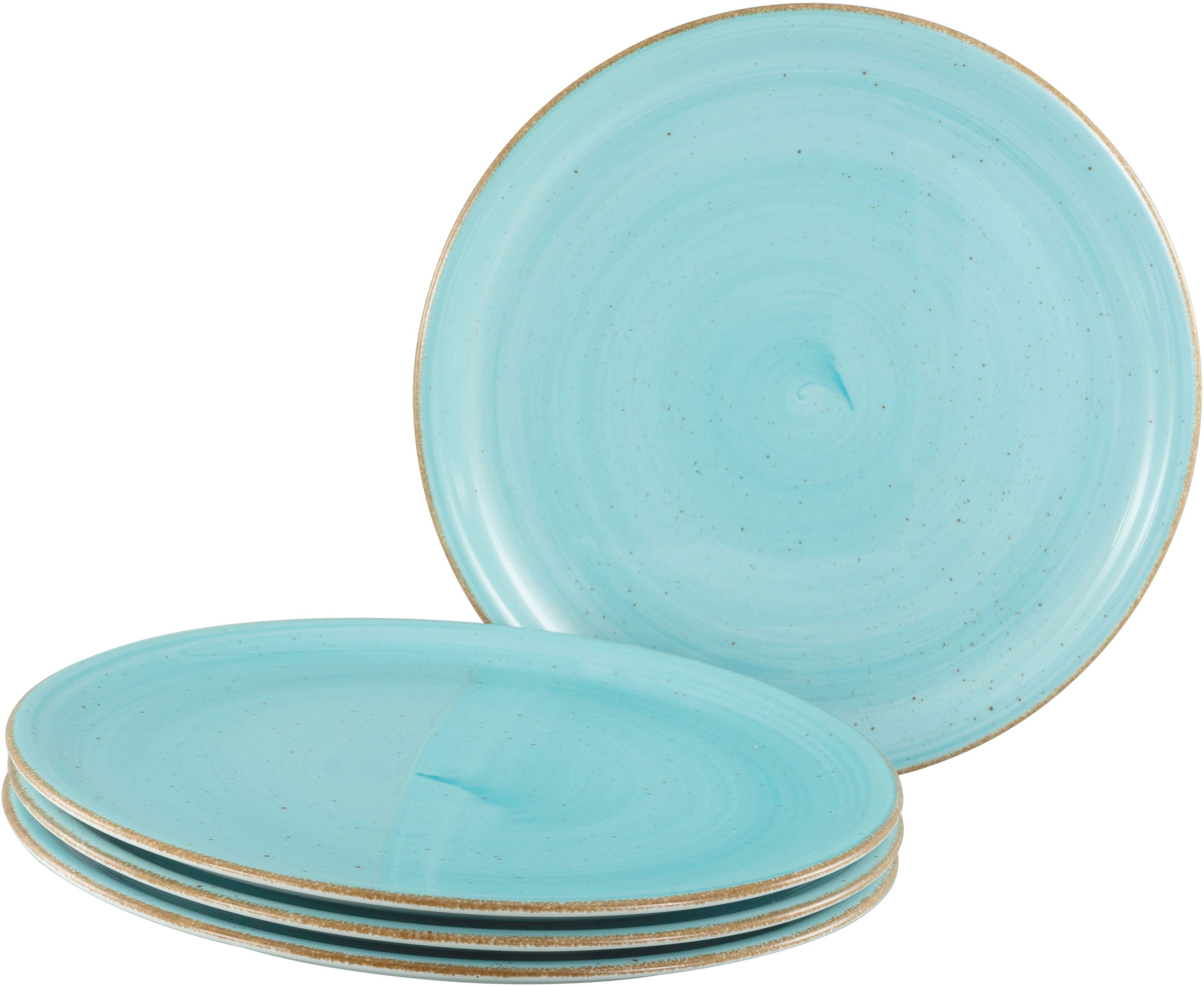 Pizzateller CREATABLE "Vintage Nature, Pizzateller 33 cm 4-tlg", blau (aqua), Ø:30cm, Porzellan, Speiseteller, Handgemalt, Gesprenkelt, Rustikales Außenband