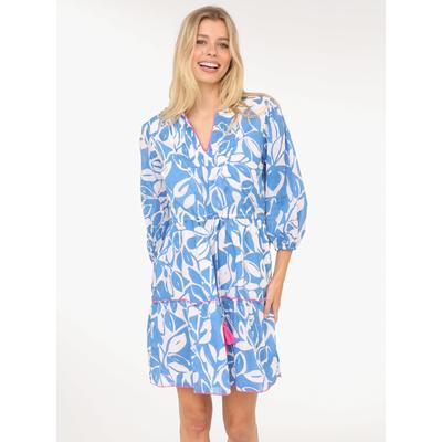 Sommerkleid ZWILLINGSHERZ "Blätter Zweifarbig", Damen, Gr. S, N-Gr, blau (royalblau), Web, Obermaterial: 100% Baumwolle, gemustert, modisch, figurumspielend kniefrei, V-Ausschnitt, 3/4-Ärmel elastischer Bund mit Gummizug, Kleider, mit Tasseln und... Image