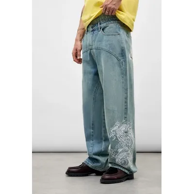 Ed Hardy Mid Blue Panelled Dragon Jeans - Light Blue 34W 32L at Urban Outfitters