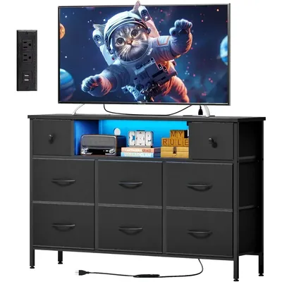 Dresser for Bedroom with Power Outlets and LED Lights, Black 55" TV Stand with 8 Drawers, Fabric