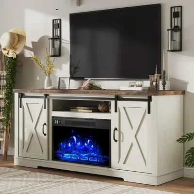 Hot Sellers.home.Fireplace TV Stand with Sliding Barn Door for TVs up to 73", Farmhouse 63"