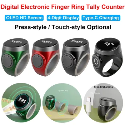 Portable Tasbih Tally Counter, Adjustable 18/20/22mm Ring, Type-C Charging, Press/Touch Operation