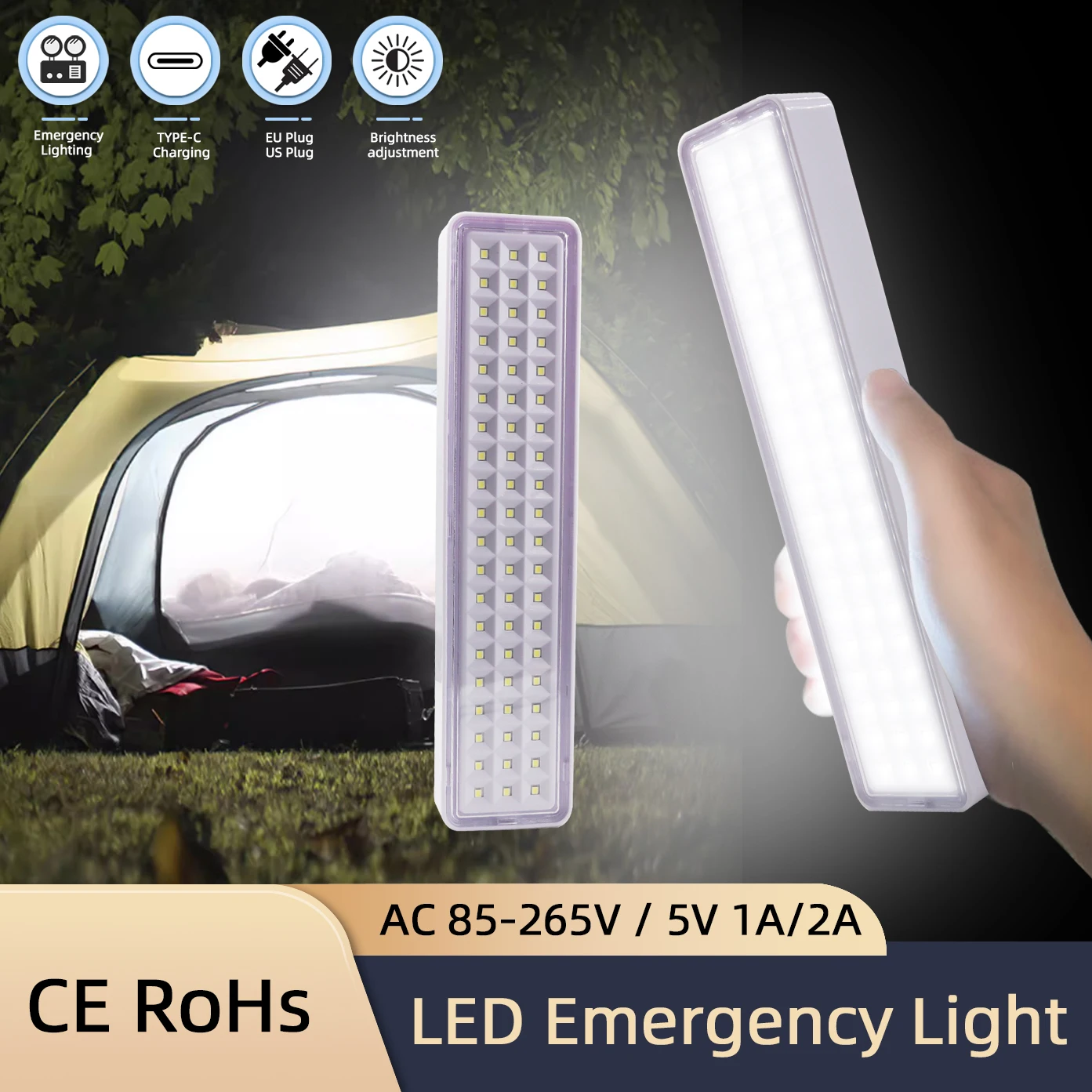 Lampada antincendio di emergenza da 60 LED Luce di evacuazione di emergenza portatile Lampadina a LED per casa intelligente montata a parete Luci da campeggio dimmerabili