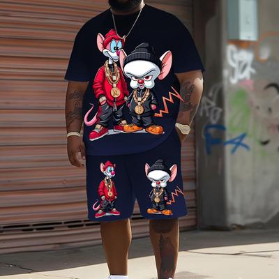 TEMU Plus Size Men's Hip-hop Cartoon Print Shorts & T-shirt Set - Style, Breathable Polyester Fabric, Machine Washable, Comfortable For Summer, Casual Summer Wear | | Polyester Shorts, Plus Size Image