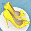 Mode Niet High Heels 8-12 CM Stiletto Frauen Flacher Mund Spitz Party Schuhe Designer Gelbe Schleife Dame pumpen Plus Größe 45