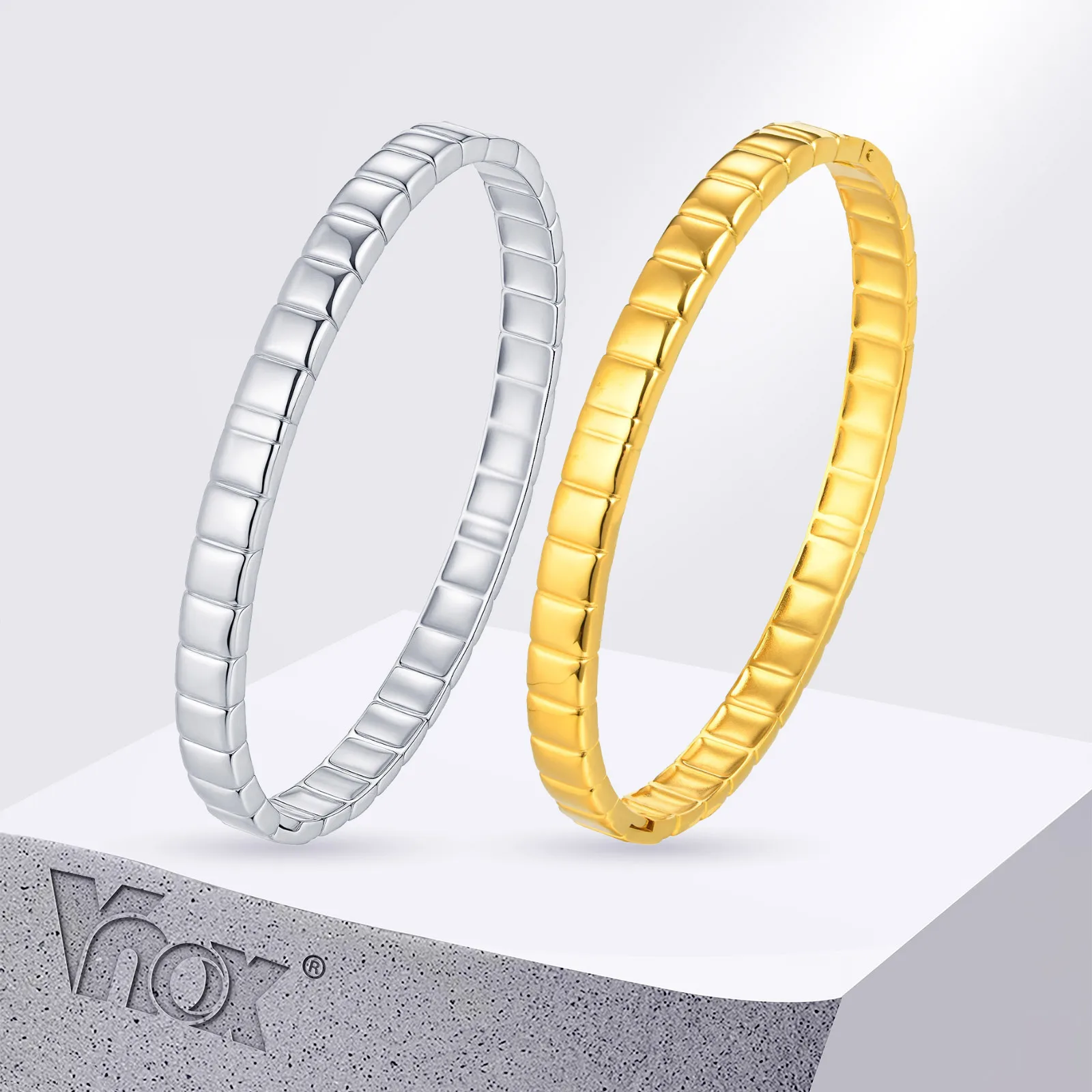 Vnox Edelstahl Geometrische Blöcke Manschette Armbänder, Gold Silber Farbe Einfache Runde Hand Frauen Armreifen, Luxus Schmuck Geschenke Image
