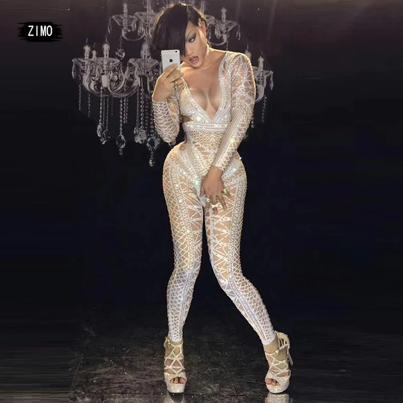 Benutzer definierte sexy weißen Glitzer Overall Damen Strass einteilige Nachtclub Party tragen Tanz sänger Bühnen performance Gogo Kostüme